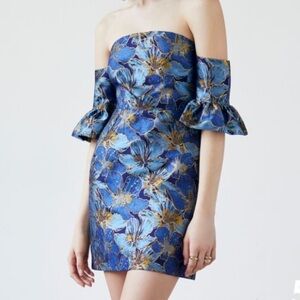 Topshop Blue and Gold Floral Off-the-Shoulder Mini Dress